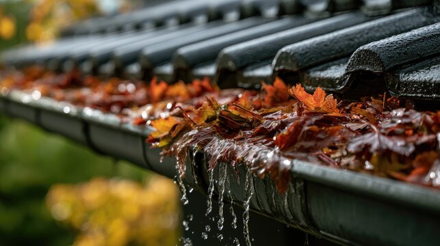 Autumn leaves clog a rain gutter, causing water to overflow