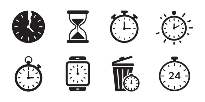 Set of time icons, clock, timer, hourglass, smart watch, trash can with a clock, 24 hours.