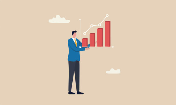 Market presentation red pillars growth data diagram or corporate business plan concept, smart businessman present virtual analysis graph and chart oh his both hands