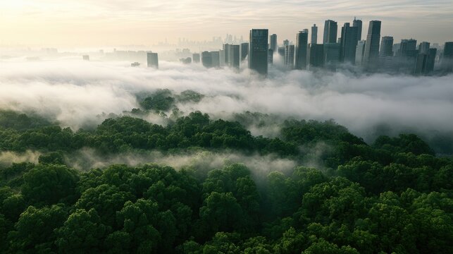Misty morning over a dense green forest with distant modern city skyscrapers