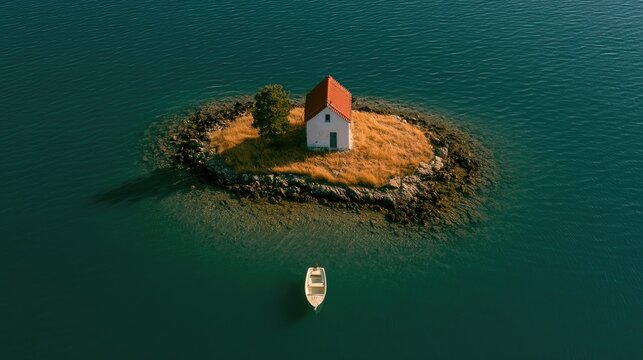 Small house on a tiny island, serene water, lone boat, peaceful isolation