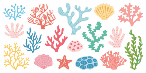Coral Seaweed And Shell Illustrations In A Flat Vector Style © Bijon