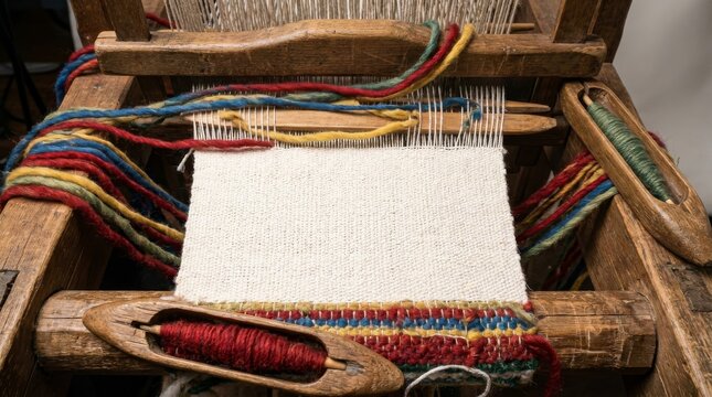 Traditional Wooden Weaving Loom with Shuttle: A close-up view of an antique handloom featuring colorful interlaced threads and a wooden shuttle on a woven cloth