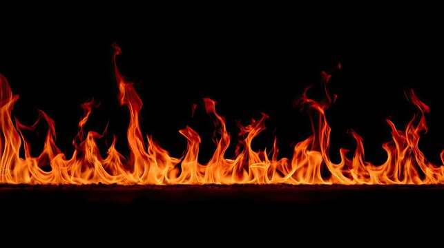 An even line of vibrant orange and yellow flames across a black background