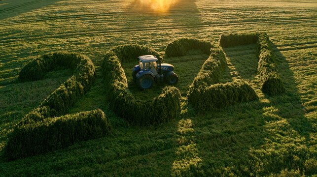 Tractor in a field forming the year 2021 with cut grass