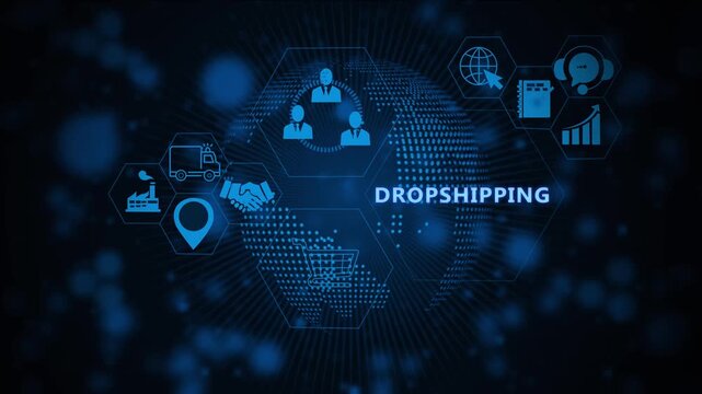 Digital dropshipping business concept featuring animated global network connectivity e-commerce supply chain logistics, retail distribution strategy, and modern online marketing technology