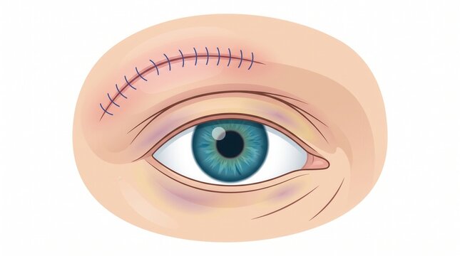 Medical illustration of a surgical suture wound on a human eyelid with incision
