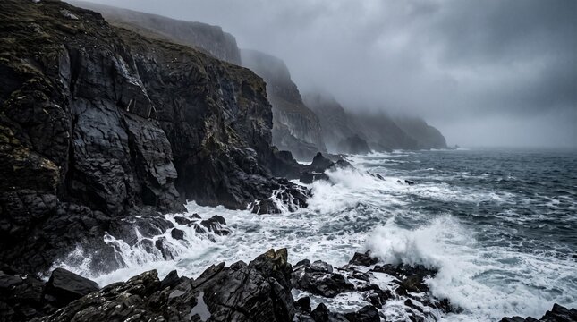 Dramatic coastal landscape featuring rugged cliffs and crashing waves under a moody sky with dark clouds and mist over the ocean in a remote area
