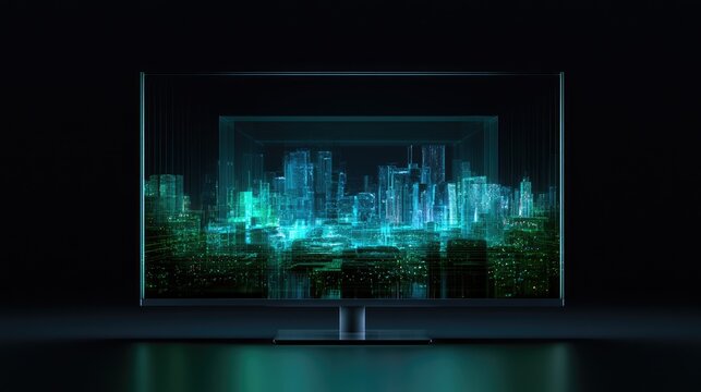 Futuristic digital cityscape displayed on a modern screen with glowing blue and green accents