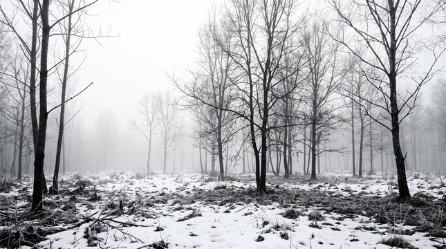 Foggy winter landscape with bare trees and snow-covered ground creating a serene atmosphere in a desolate forest setting