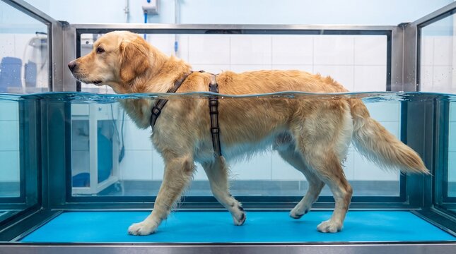 Golden retriever walking in underwater treadmill therapy session  