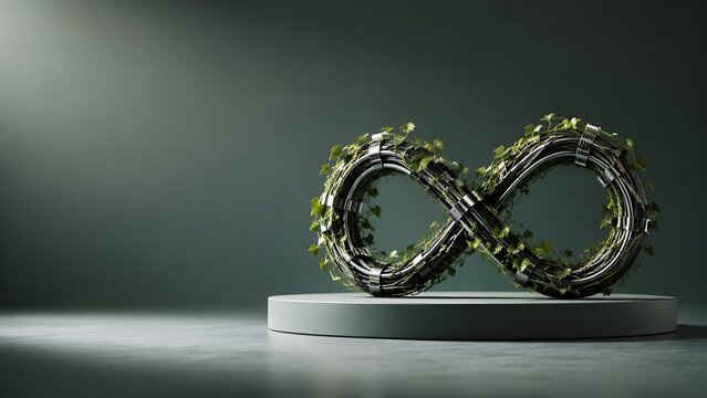Sustainable technology and circular economy concept infinity symbol made of metallic cables entwined with green leaves