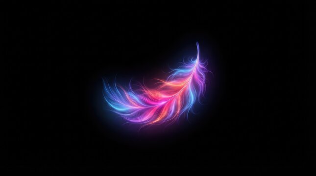 A beautiful glowing feather with vibrant neon colors isolated on a deep black background