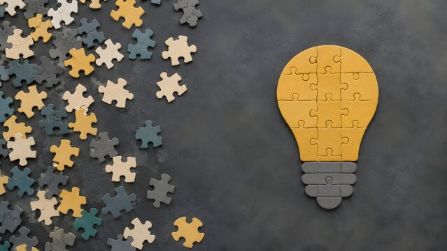 Creative problem solving and idea generation business concept yellow puzzle lightbulb with scattered missing pieces