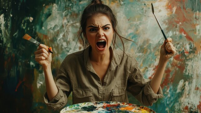 Frustrated artist expressing anger during a creative block in her studio