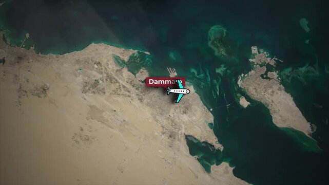 Airplane Flight Path Animation Dammam to Doha on Satellite Map