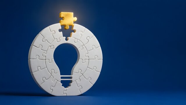 Problem solving and business innovation strategy golden missing puzzle piece completing lightbulb shape