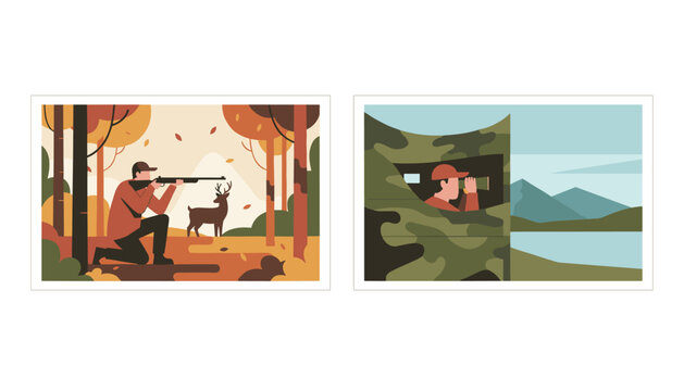 Two stylized illustrations showing hunters in action tracking deer in a forest and looking through binoculars.