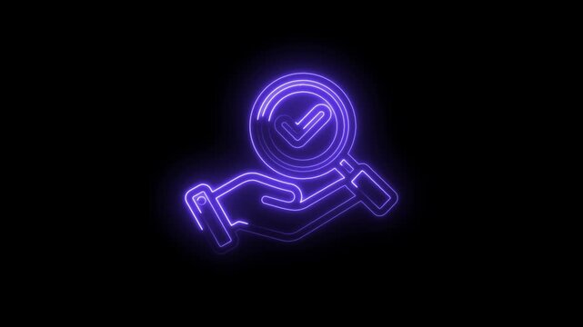 Neon purple hand holding magnifying glass with checkmark glowing on icon black background digital