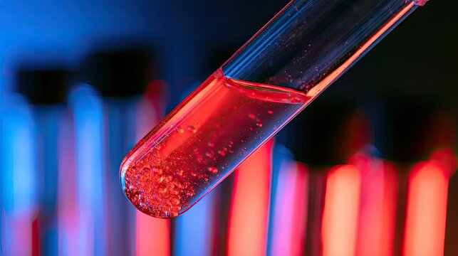 Close-up of a test tube with red liquid and particles, illuminated by blue and red lights