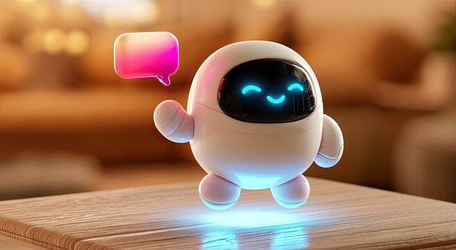 Friendly digital assistant robot waving and glowing on a table