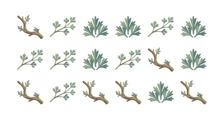 green eucalyptus leaves and brown branches set natural botanical elements isolated on white background © Fendik eps