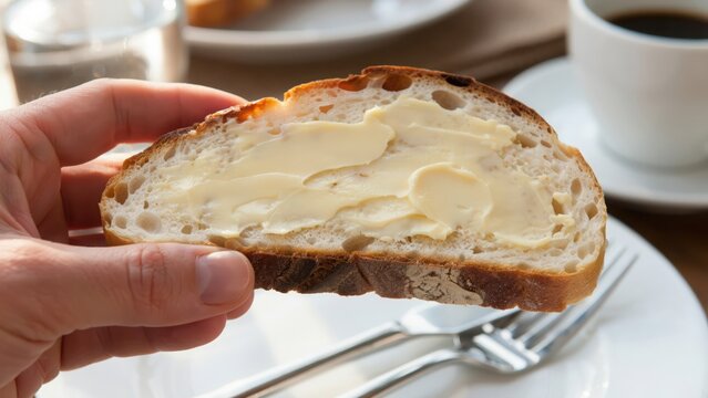 A hand holding a slice of toasted bread with green avocado spread