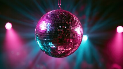 Obraz premium Reflective orb suspended with beams of pink and teal light