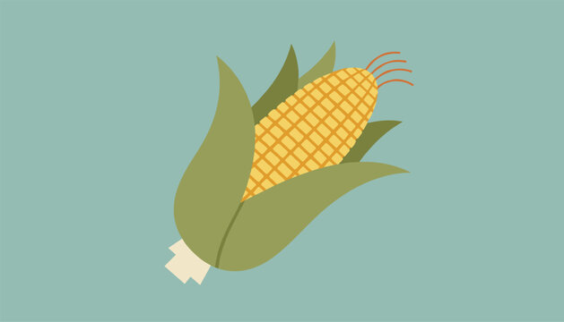 Single ear of yellow corn with green husks in a retro flat vector style against a soft blue background.