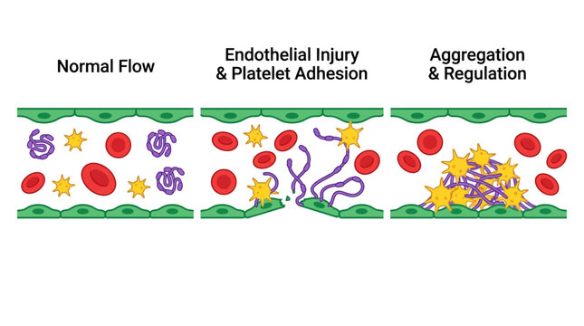 Medical Blood Clotting Process diagram showing normal flow, endothelial injury, and platelet aggregation stages ideal for healthcare education and scientific presentations.