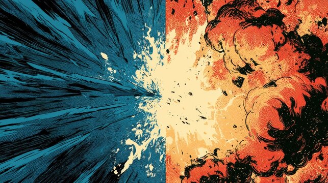 Explosive collision of blue icy shards meeting fiery orange and yellow chaos