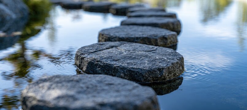 Stone path crosses serene water, reflecting sky and trees