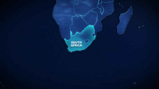 Digital map of South Africa, Africa, featuring a glowing cyan highlight and crisp typography against a dark blue grid background, perfect for a broadcast news opener or presentation backdrop.
