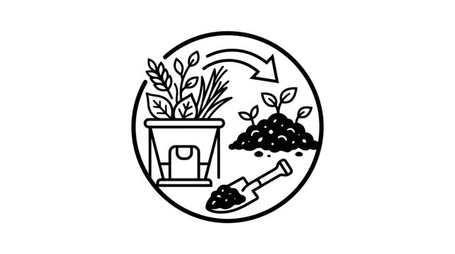 Creative Black and White Circular of Sustainable Gardening Cycle with Plant Soil and Shovel with high quality professional line art symbols for modern creative design and digital branding projects