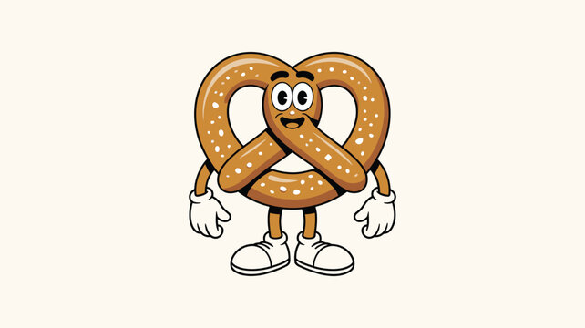 Funny cartoon pretzel character standing with hands on hips wearing gloves and shoes in vintage rubber hose style.