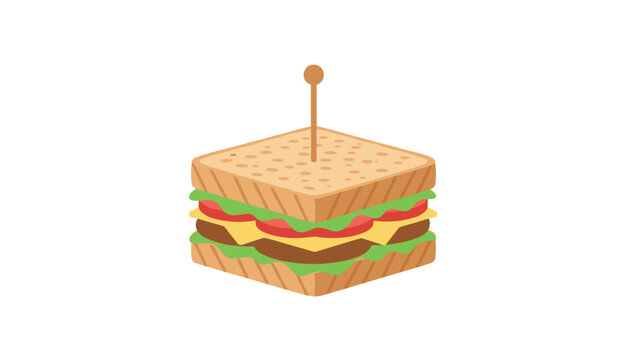 Delicious club sandwich with lettuce, tomato, cheese, and meat layers held together with a toothpick on white.