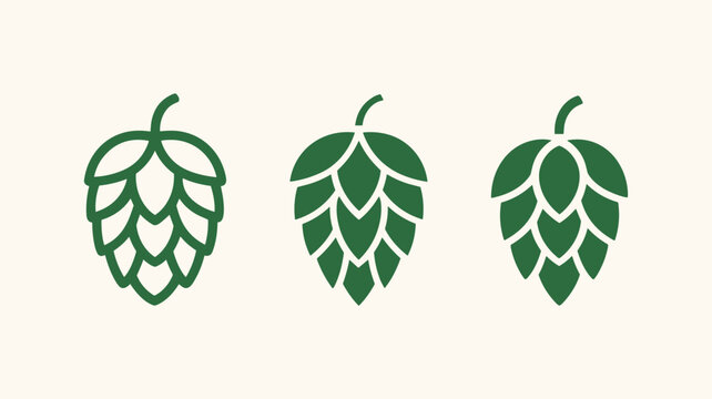 Green hop cone icons in different styles for brewery and beer branding.