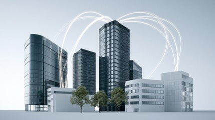 Fototapeta premium Modern city buildings connected by glowing light streams