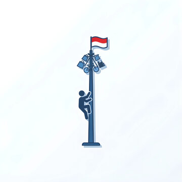Flat vector illustration of a person climbing a slippery pole to reach prizes under the Indonesian flag. Minimalist icon representing the traditional panjat pinang game on independence day