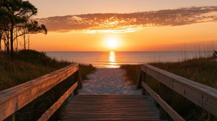 Obraz premium Serene boardwalk leads to a sun-drenched beach and ocean at sunrise