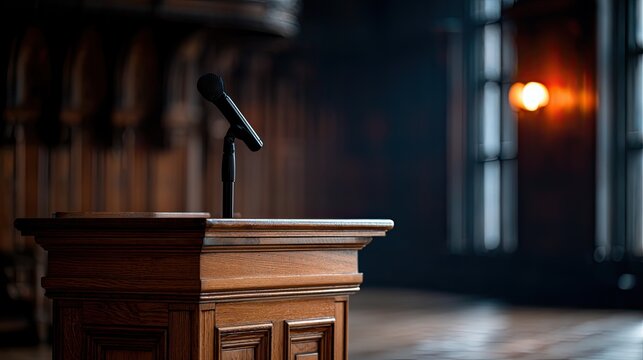 Ornate wooden podium with microphone stands ready for a speaker