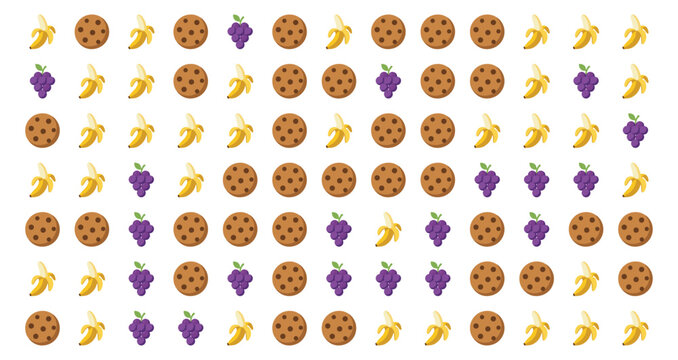 pattern of bananas grapes and chocolate chip cookies in repeating arrangement on white background
