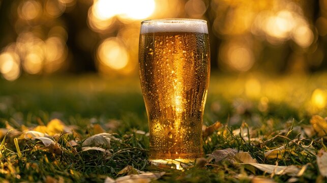 Chilled beverage glistening in golden sunset light amidst fallen autumn leaves