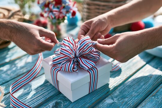 Hands tie festive patriotic ribbon on a white gift box outdoors