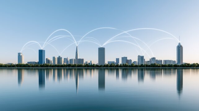 Modern city skyline reflected in calm water with glowing network connections