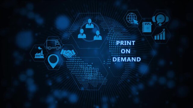Dynamic print on demand business concept animation featuring digital globe interface with e-commerce global logistics, supply chain management, and modern retail technology network connectivity