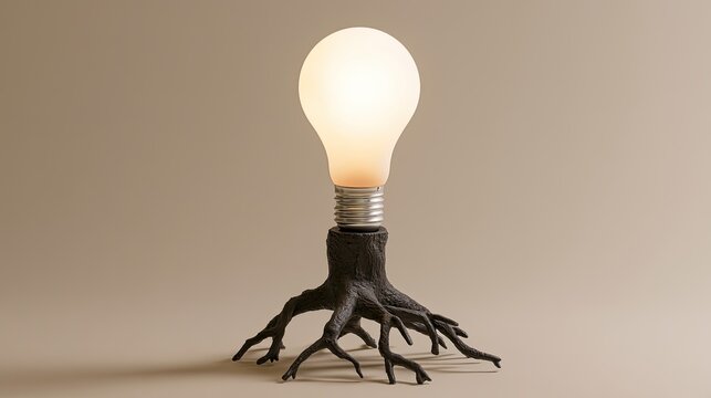 A lit incandescent bulb emerges from a gnarled, root-like base on a muted background