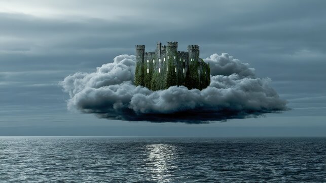 Ancient ivy covered castle floating above dense cloud over calm ocean, weathered stone turrets, glowing narrow windows, moody sky, surreal fantasy atmosphere and cool dramatic light