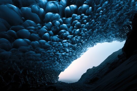 Eerie blue ice cave interior with a bright exit to daylight