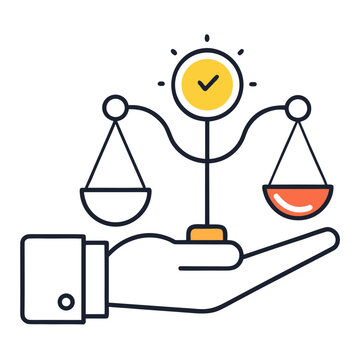 Conceptual flat icon of businessman hand supporting legal balance scales with checkmark for ethical decision making and justice control.
